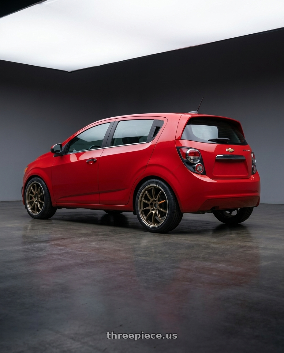 2015 chevrolet sonic ltz with Work Emotion Zr10 5x105 17x7 +38 Titanium Diamond Lip Cut wheels rear three quarter view square tires