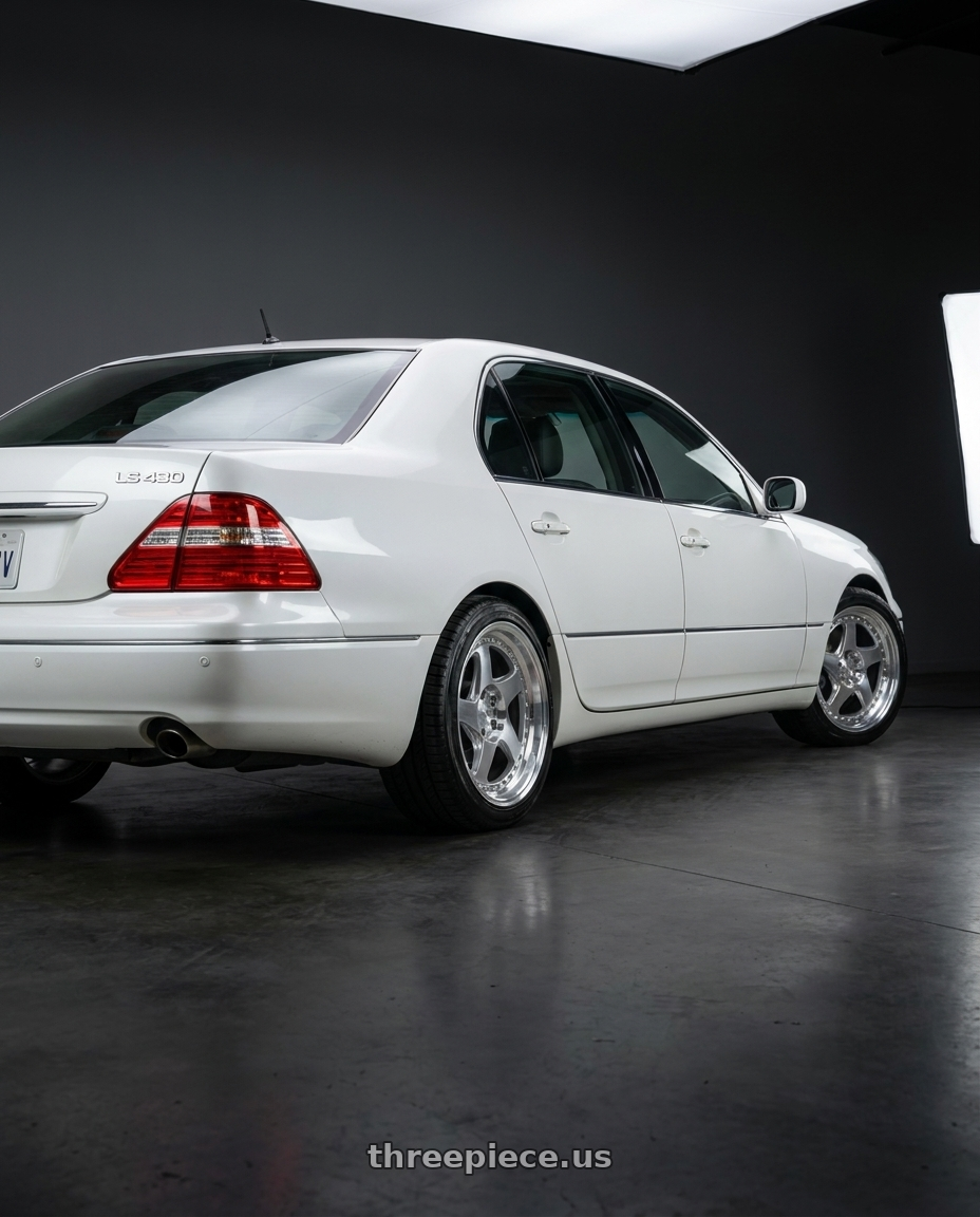 2004 Lexus LS430 Base with Aodhan AH01 5x114.3 18x9.5+30 Silver w/Machined Face wheels rear three quarter view square tires