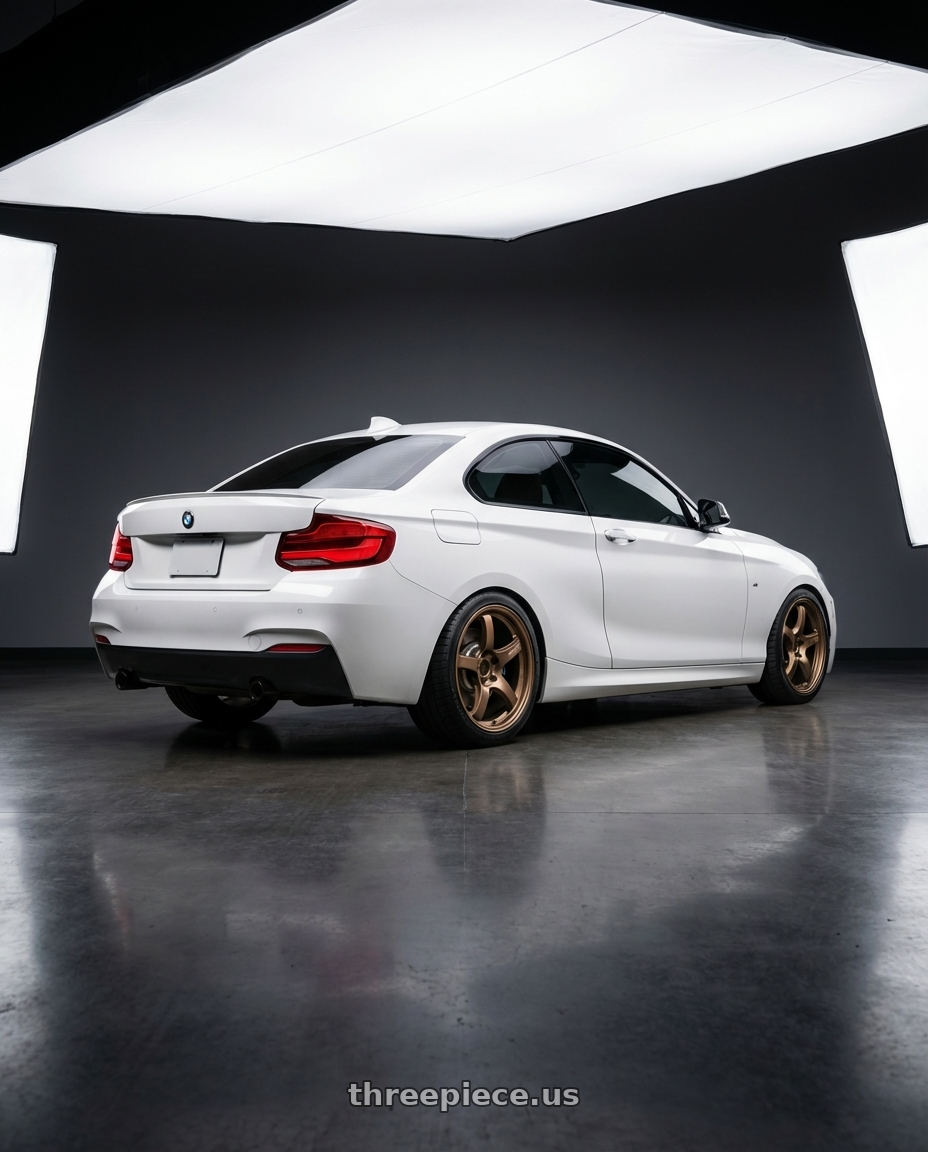 2018 BMW 2 Series F22 with Gram Lights 57CR 5x120 18x9.5+38 Bronze II wheels rear three quarter view square tires