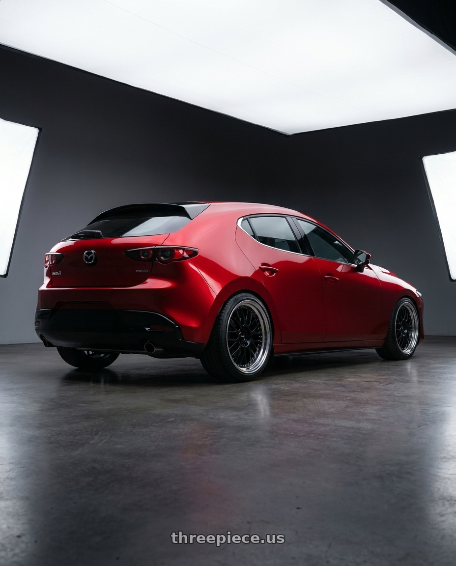2024 Mazda 3 with SSR Professor MS1 4x100 18x9+6 HP Disk Black wheels rear three quarter view square tires