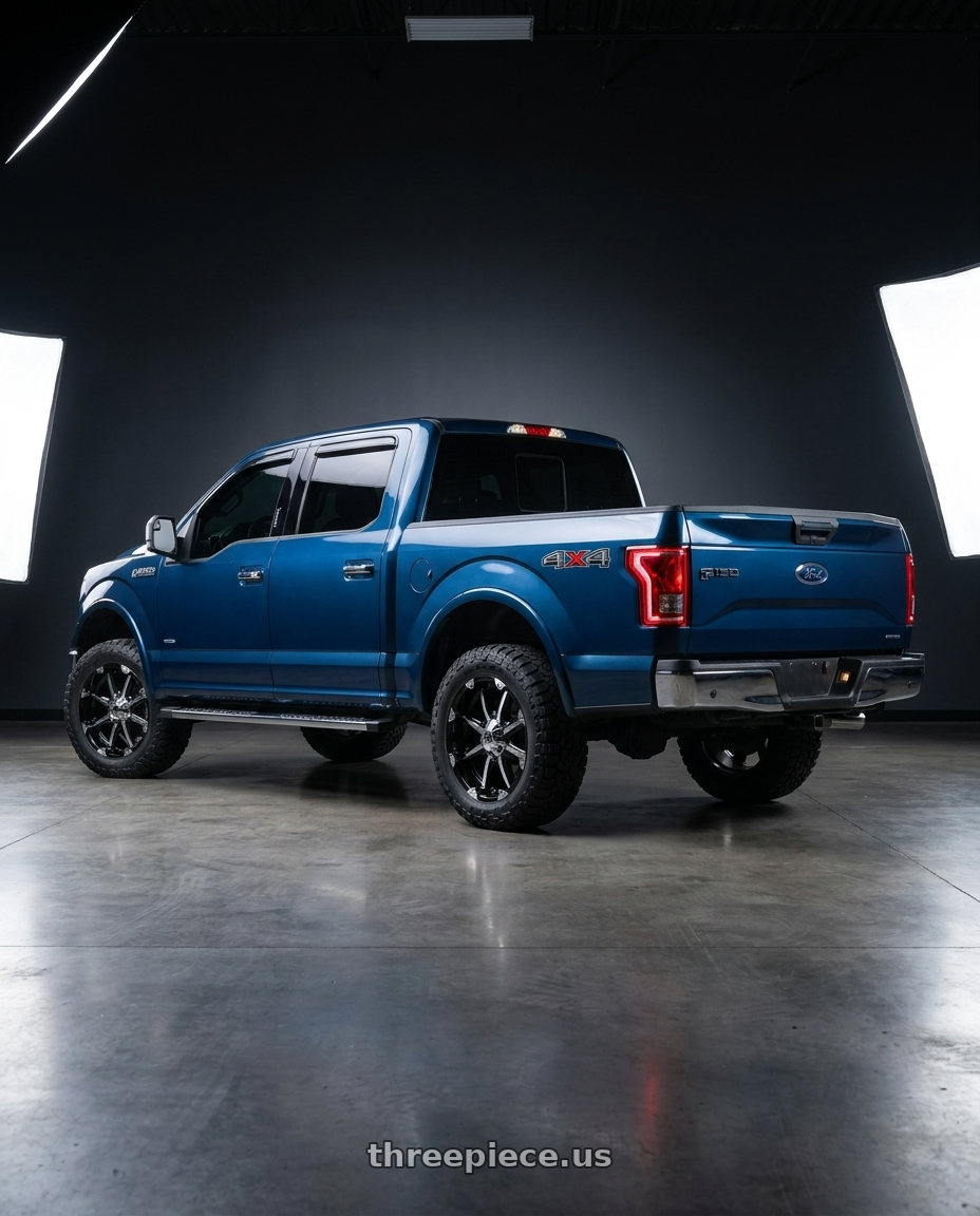 2016 F150 4X4 with XD XD779 BADLANDS 5X139.7 20X9 +18 GLOSS BLACK MACHINED wheels rear three quarter view square tires