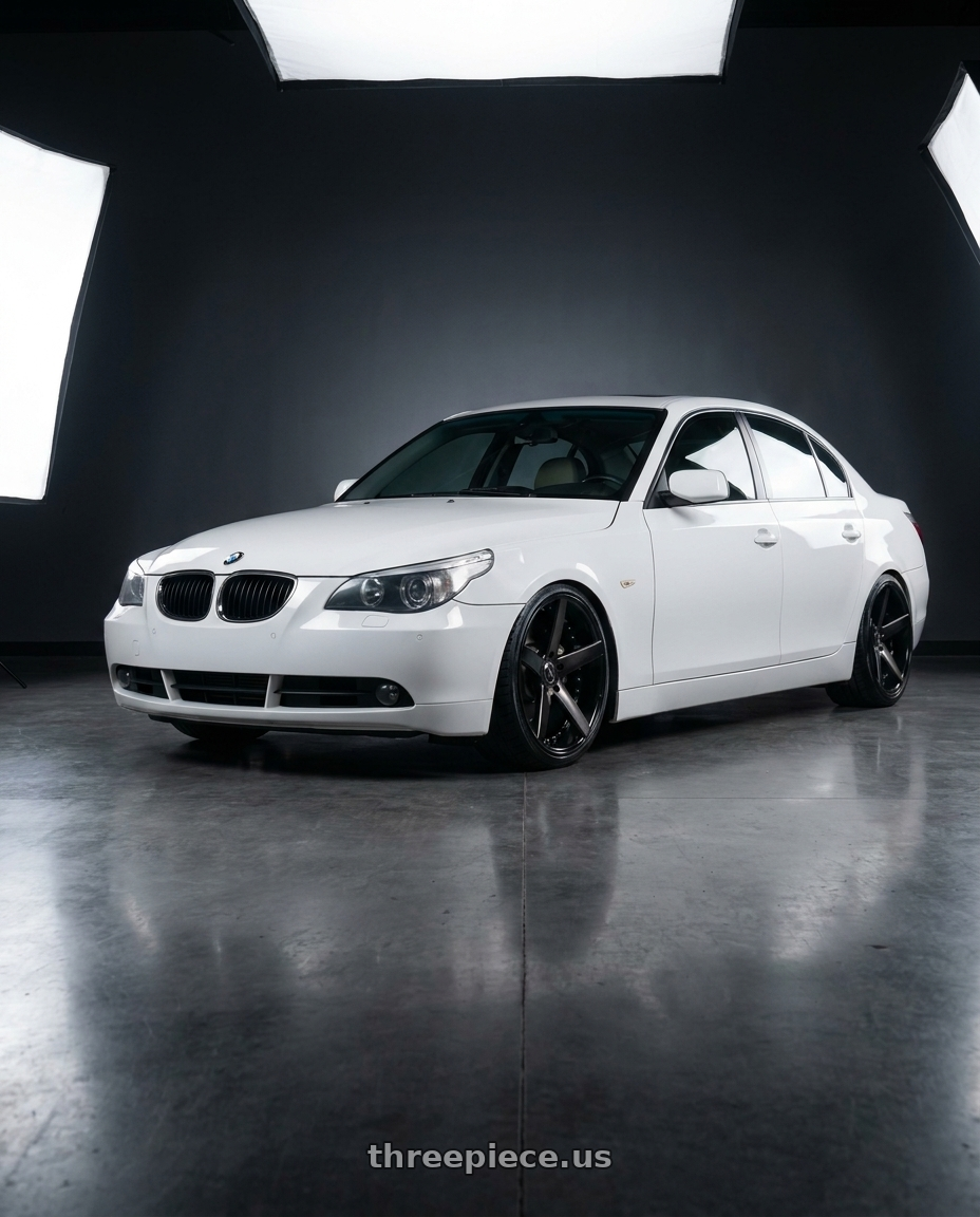 2005 BMW 525i with SSR Professor SP4 5x120 20X9 16 MD Disk Flat Black wheels front three quarter view lowered stance