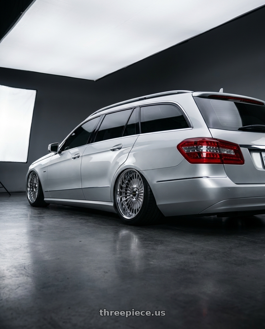 2010 Benz s212 with Work Emitz Black Polish 5x100 19x8.0 +22 wheels rear three quarter view extreme stretch tires