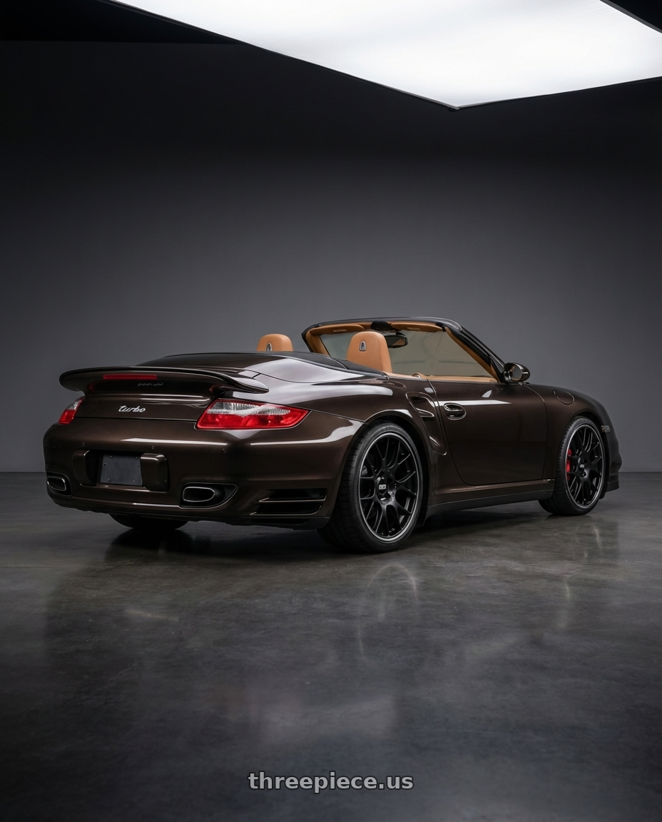 2008 Porsche 911 Turbo Cabriolet with BBS CH-R 5x130 19x12 +45 Satin Black Polished Rim Protector wheels rear three quarter view square tires