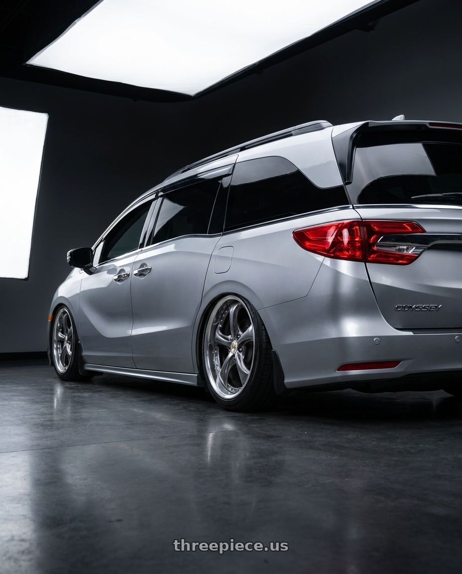 2024 Honda Odyssey with Work Wheels VS-KF 5x120 20x8.5+40 Brilliant Silver Black O Disk STEP RIM wheels rear three quarter view slight stretch tires