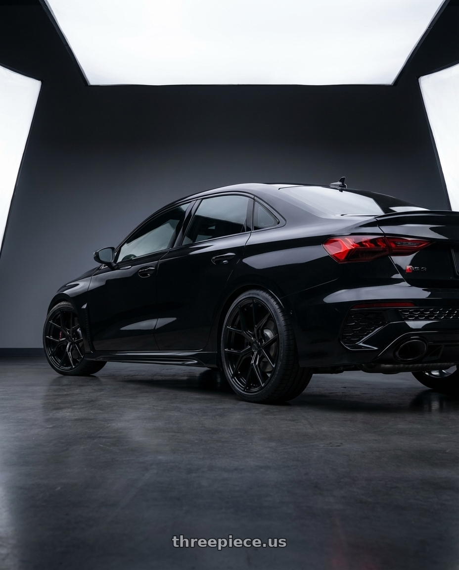 2022 Audi RS3 8Y with Avant Garde Wheels M520R 5X112 19x9.5 +40 Gloss Black wheels rear three quarter view square tires