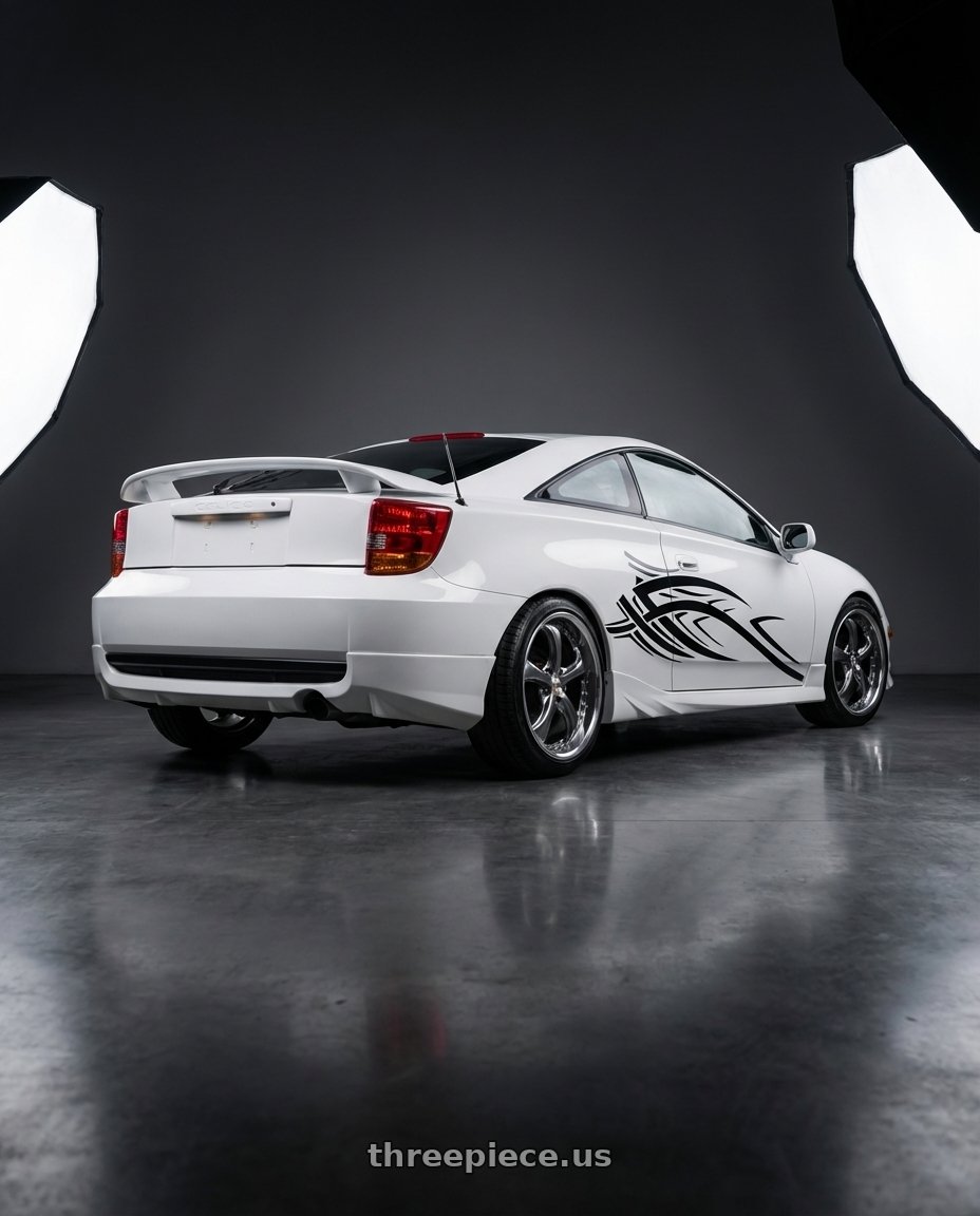 2004 Toyota Celica with Work Wheels VS-KF 5X114.3 19x7.5+34 Brilliant Silver Black A Disk FULL REVERSE wheels rear three quarter view slight stretch tires