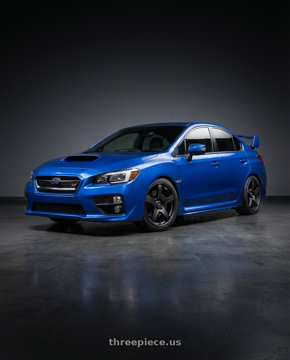 2013 Subaru WRX STI with Ssr Gtv01 5x114.3 18x8.5+40  FLAT BLACK wheels front three quarter view lowered stance