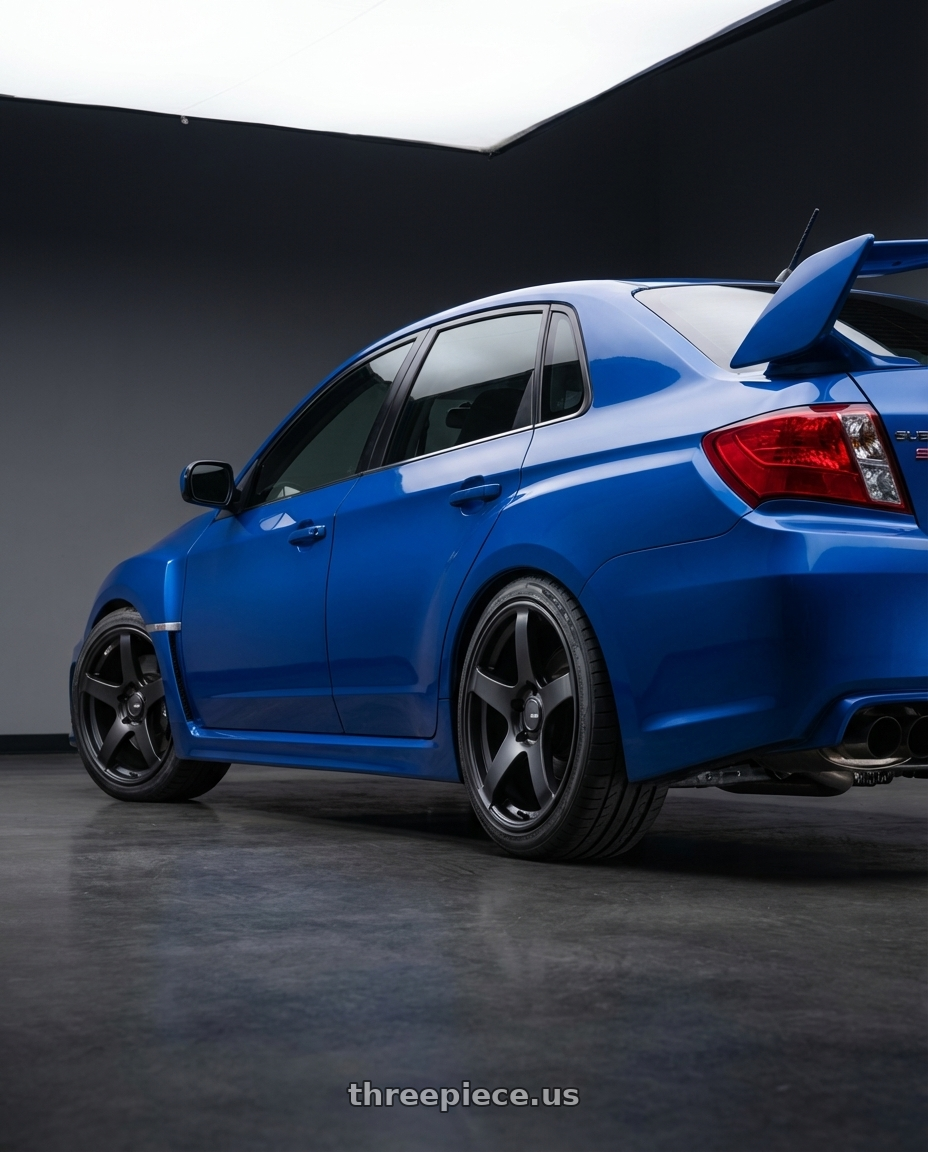2013 Subaru WRX STI with Ssr Gtv01 5x114.3 18x8.5+40  FLAT BLACK wheels rear three quarter view square tires