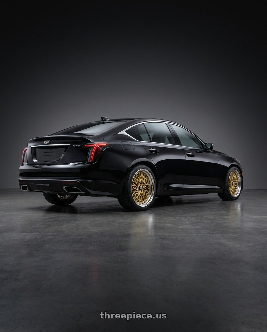 2023 Cadillac CT5 Premium Luxury with SSR Formula MESH 5x120 19X8.5+30 NR Disk Fm Gold wheels rear three quarter view square tires