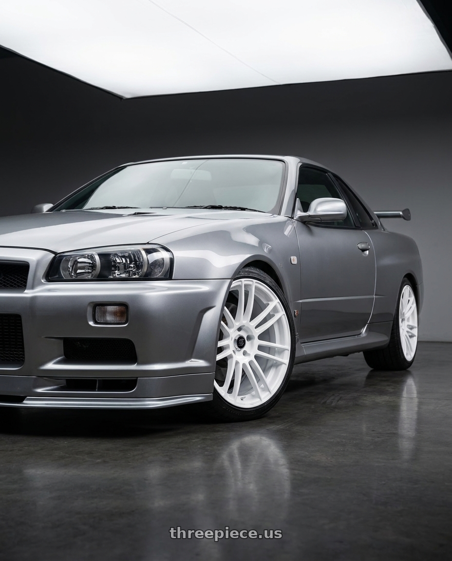 2004 Nissan skyline R34 GT-R with Stage Wheels Belmont 5x114.3 18x9.5 +38 White wheels
