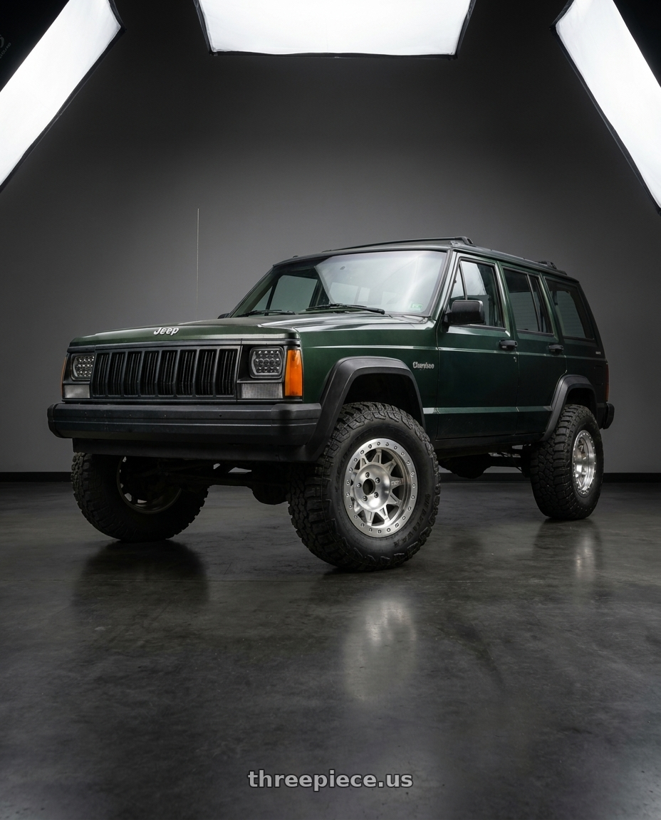 1996 jeep cherokee sport green with Dirty Life Roadkill Race 9302 99x999 15x7+13 Machined Beadlock wheels