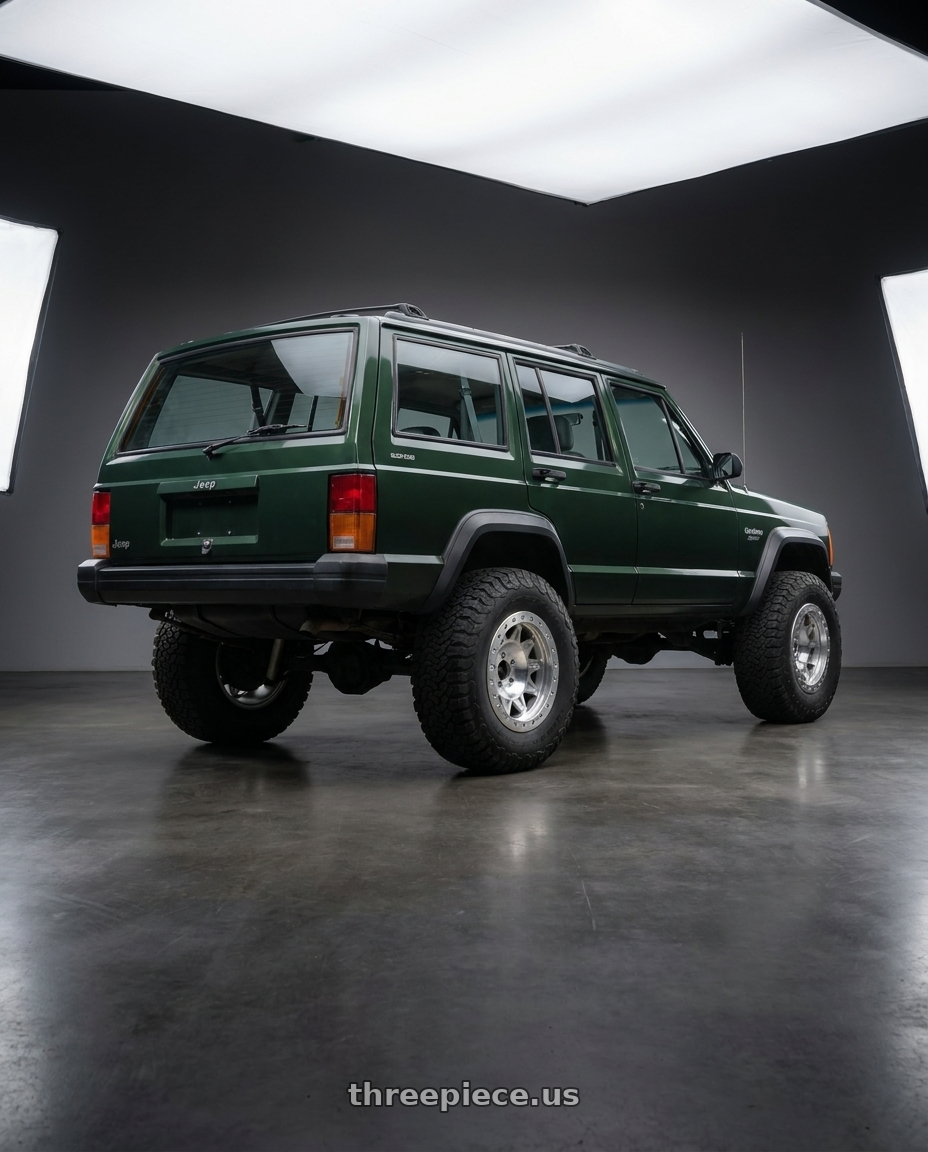 1996 jeep cherokee sport green with Dirty Life Roadkill Race 9302 99x999 15x7+13 Machined Beadlock wheels rear three quarter view meaty tires