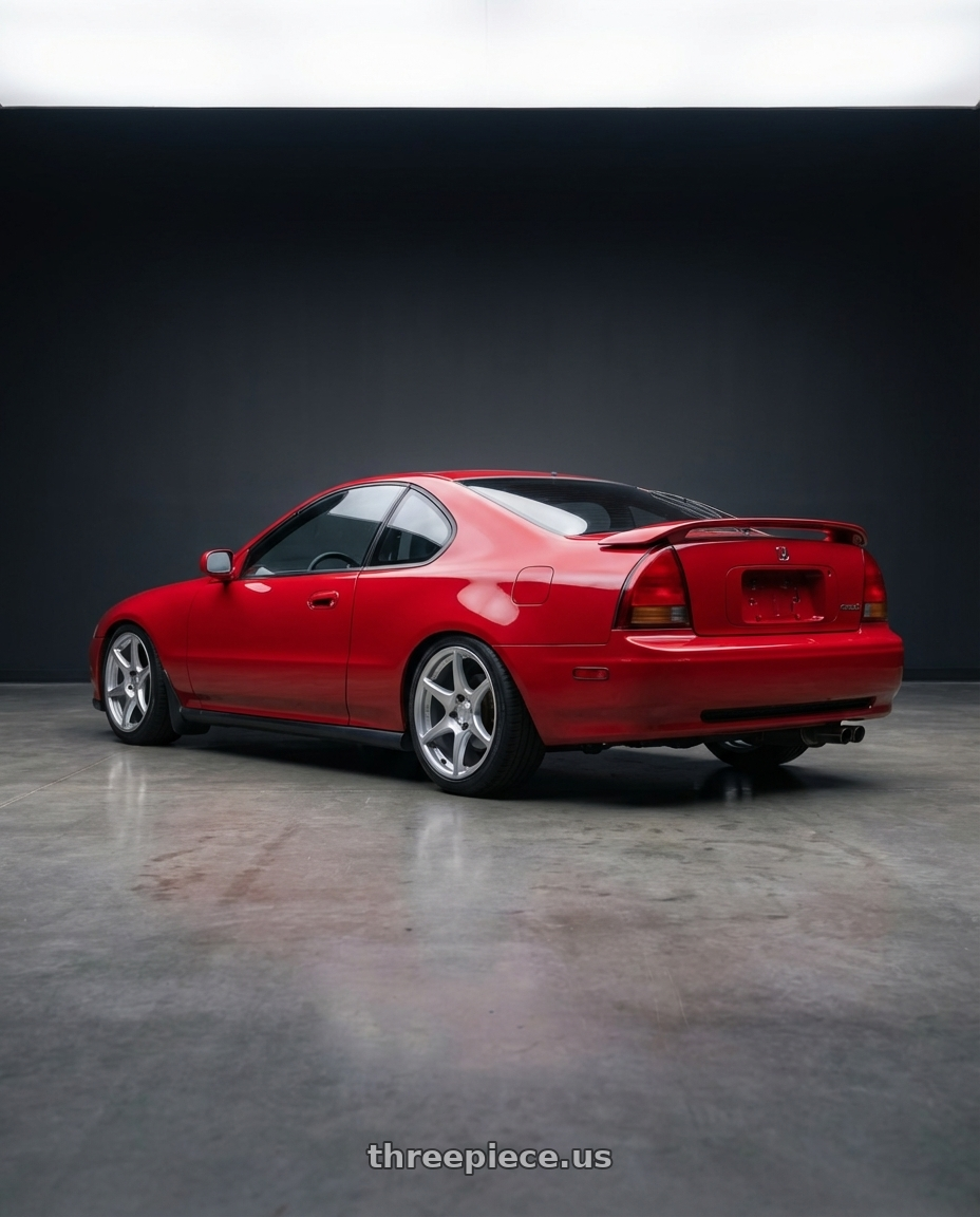 1992 Honda Prelude with Kansei K11S Tandem 5X100 17x9 35 Hyper Silver wheels rear three quarter view square tires