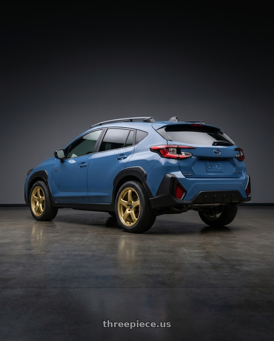 2026 Subaru Crosstrek with Enkei PF05 4x100 15x8+25 Gold wheels rear three quarter view square tires