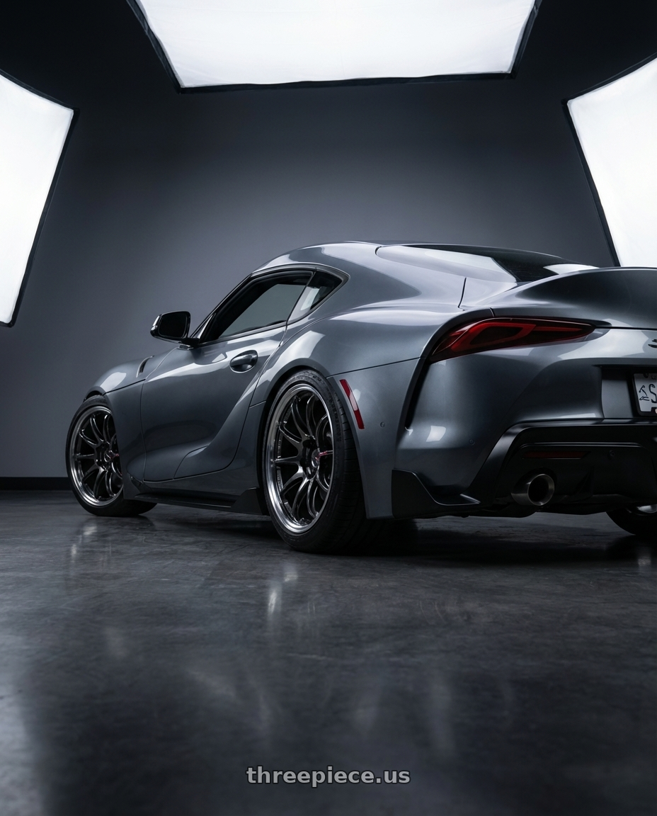 2021 Toyota GR Supra, 3.0 Premium with Work Emotion Zr10 4x100 15x5 +48 Glim Black Diamond Rim cut wheels rear three quarter view square tires