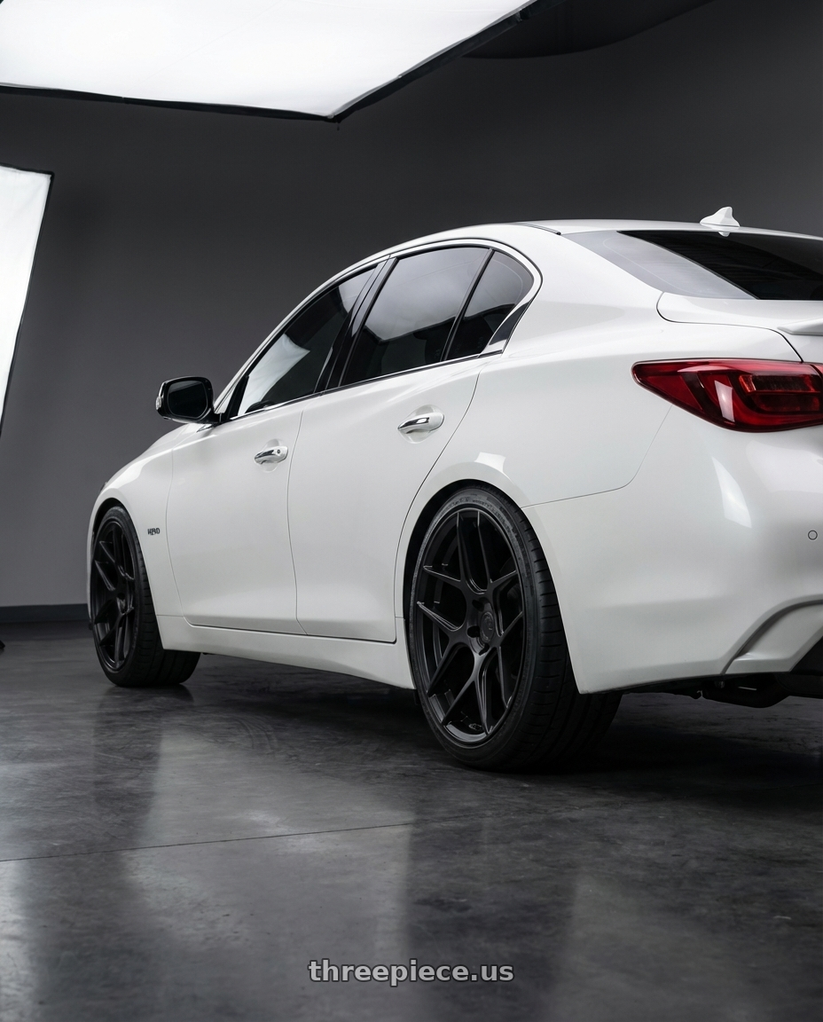 2020 Infiniti Q50 with Aodhan AFF2 5x114.3 19x8.5+35 Matte Black wheels rear three quarter view square tires