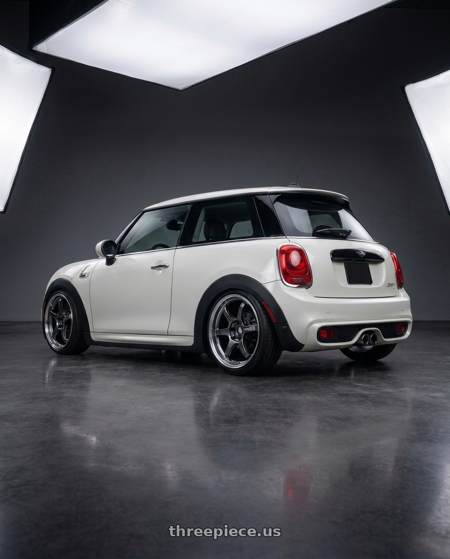 2017 mini cooper with Advan Racing R6 5x112 18x8.0 +42 MACHINING & HYPER PLATINUM BLACK wheels rear three quarter view square tires