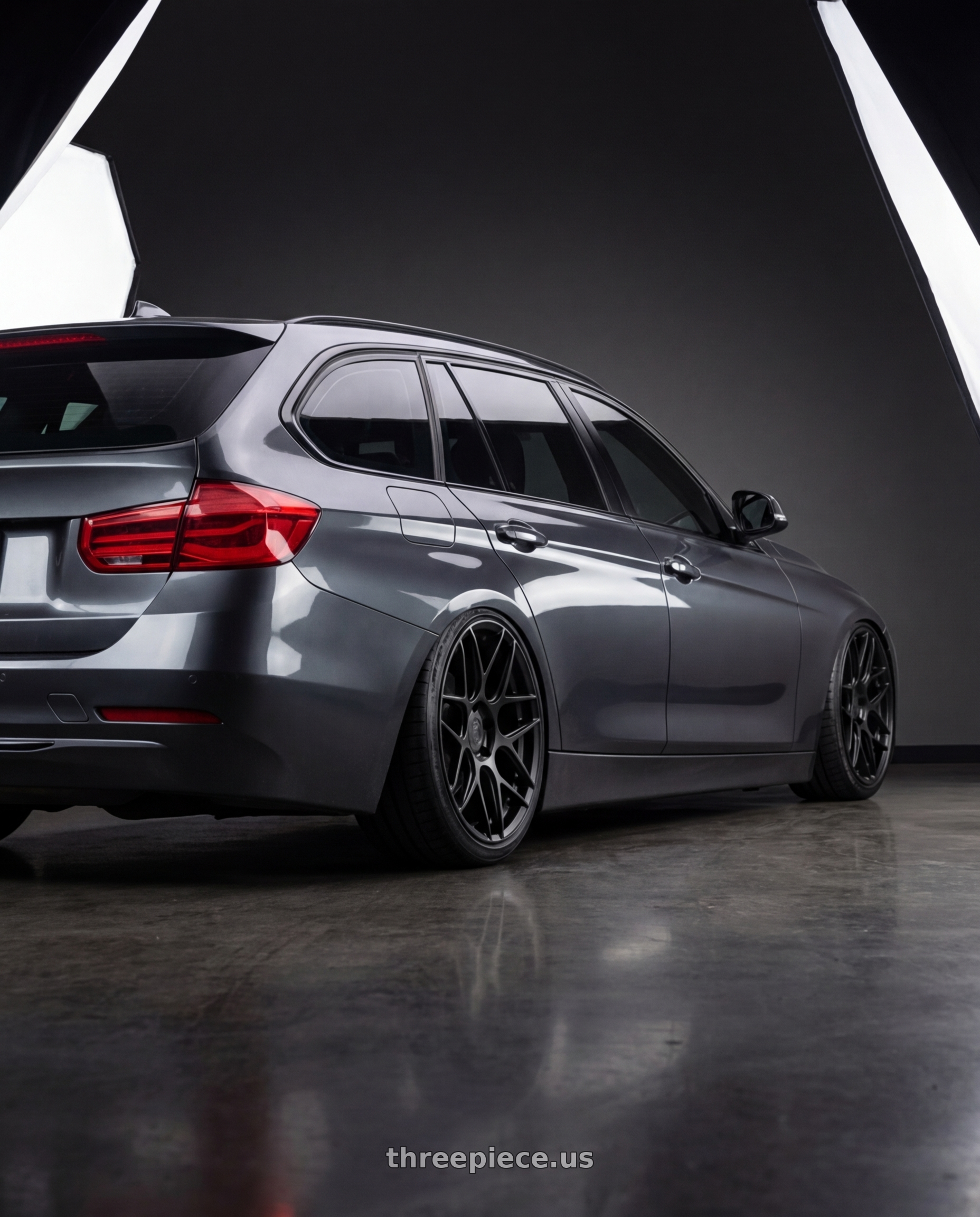 2016 BMW 3 Series F30 with Aodhan AFF2 5x120 19x8.5+35 Matte Black wheels rear three quarter view slight stretch tires