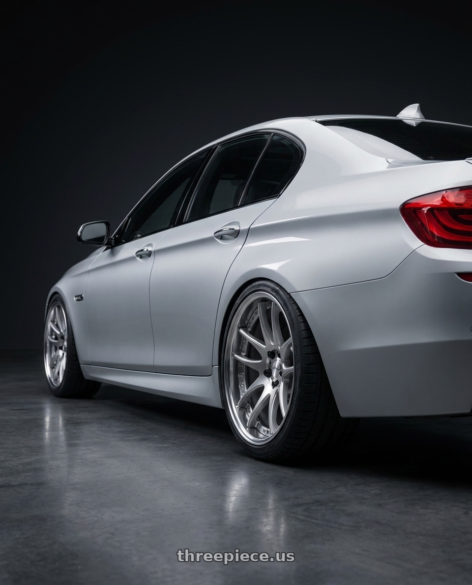 2013 bmw 535i with Work Emotion Cr 3P 5x120 19x8+17 L Disk Burning Silver wheels rear three quarter view square tires