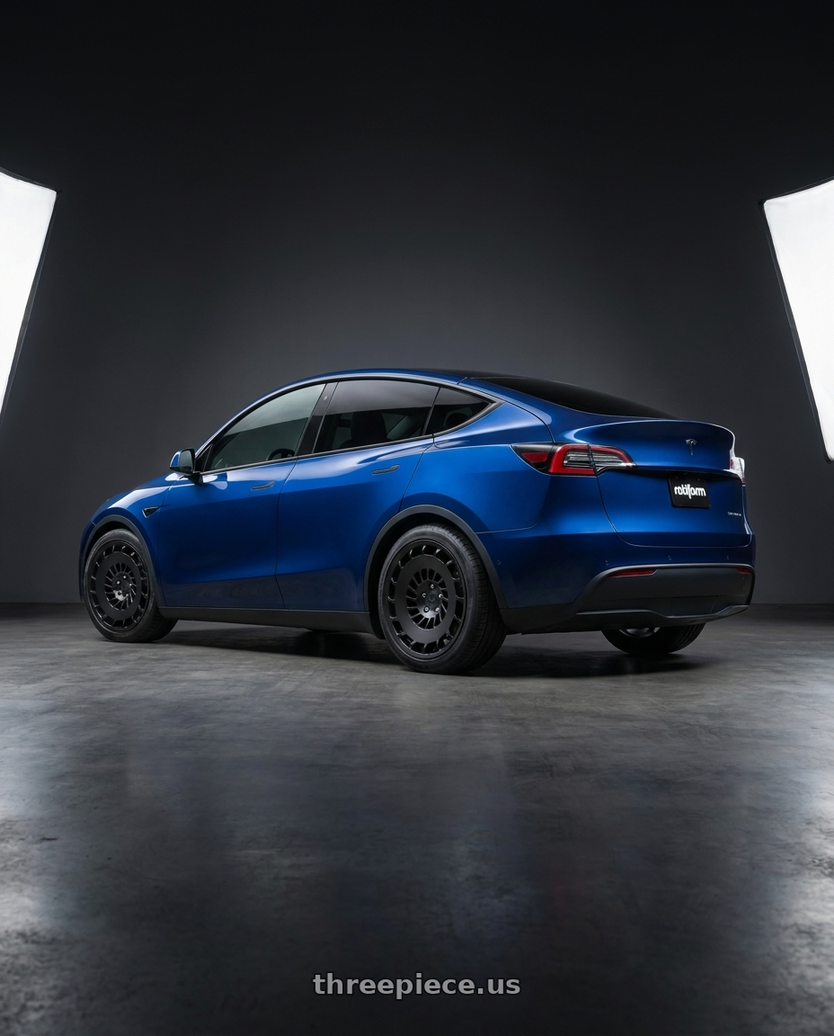 2022 Tesla Model Y with Rotiform 1PC R137 CCV 5X112 18X8.5 +45 MATTE BLACK wheels rear three quarter view square tires