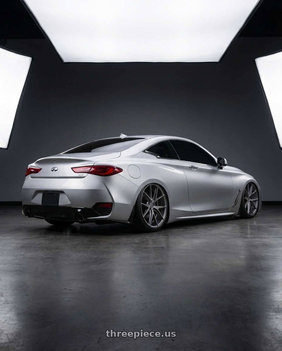 2020 Infiniti Q60 with Niche 1PC M116 MISANO 5X114.3 20X9 +35 MATTE GUN METAL wheels rear three quarter view slight stretch tires