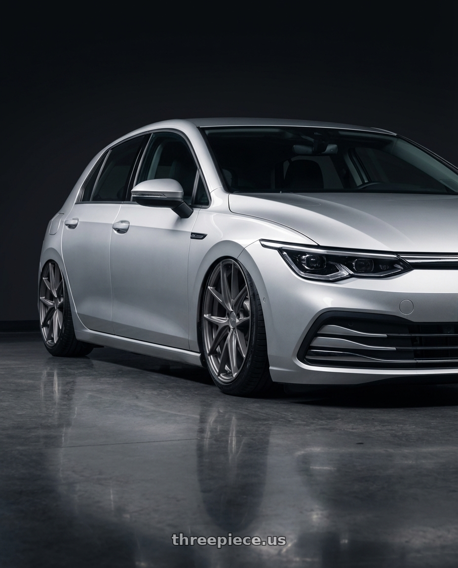 2024 Volkswagen Golf R MK8 with Niche 1PC M116 MISANO 5X112 19X8.5 +42 MATTE GUN METAL wheels front three quarter view stanced stance