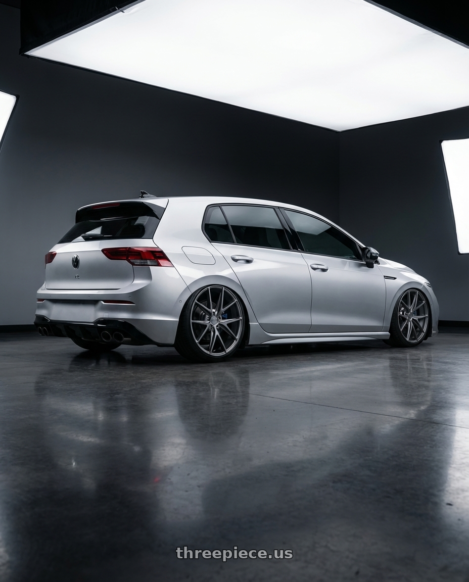2024 Volkswagen Golf R MK8 with Niche 1PC M116 MISANO 5X112 19X8.5 +42 MATTE GUN METAL wheels rear three quarter view slight stretch tires