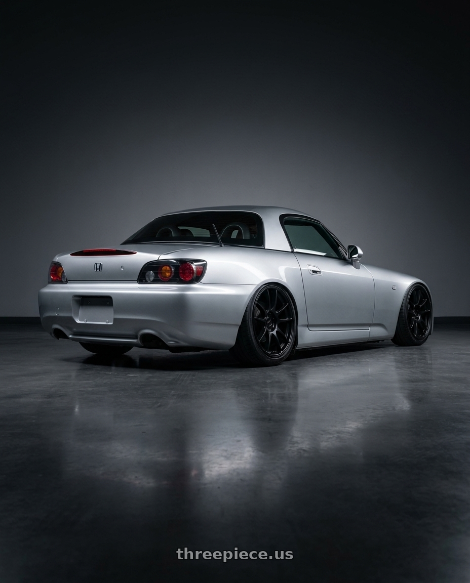 2009 Honda S2000 with Ssr Gtv03 5x114.3 17x7+42  FLAT BLACK wheels rear three quarter view slight stretch tires
