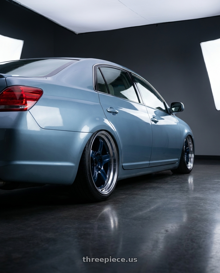 2007 Toyota Avalon with Volk Racing 21C 5x114.3 18x10.5 +15 MAG BLUE / RIM DC wheels rear three quarter view slight stretch tires
