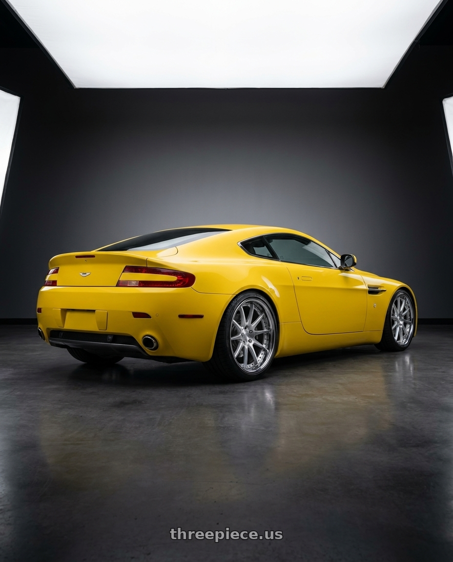2006 ASTON MARTIN V8 VANTAGE YELLOW with Rohana RFC10 5x114.3 20x9+35 Machine Silver/Chrome Lip wheels rear three quarter view square tires