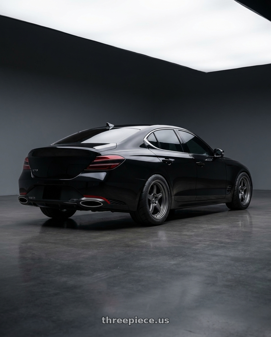2023 Genesis G70 Victoria Black with Kansei K12G KNP 5x114.3 19x9.5 35 Gunmetal wheels rear three quarter view meaty tires