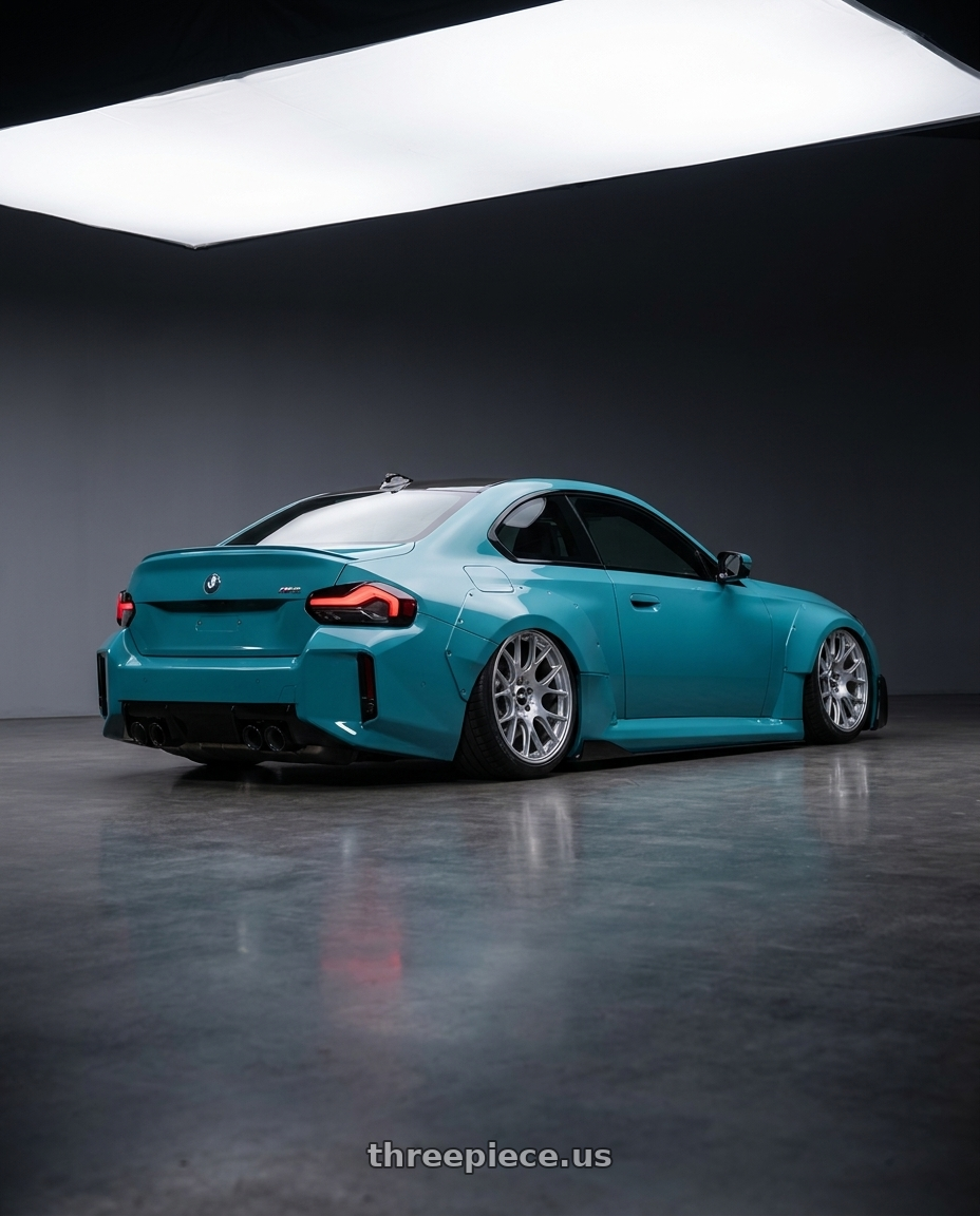 2023 BMW M2 G87 with BBS CH-R 5x112 19x8.5 +32 Brilliant Silver Polished Rim Protector wheels rear three quarter view square tires