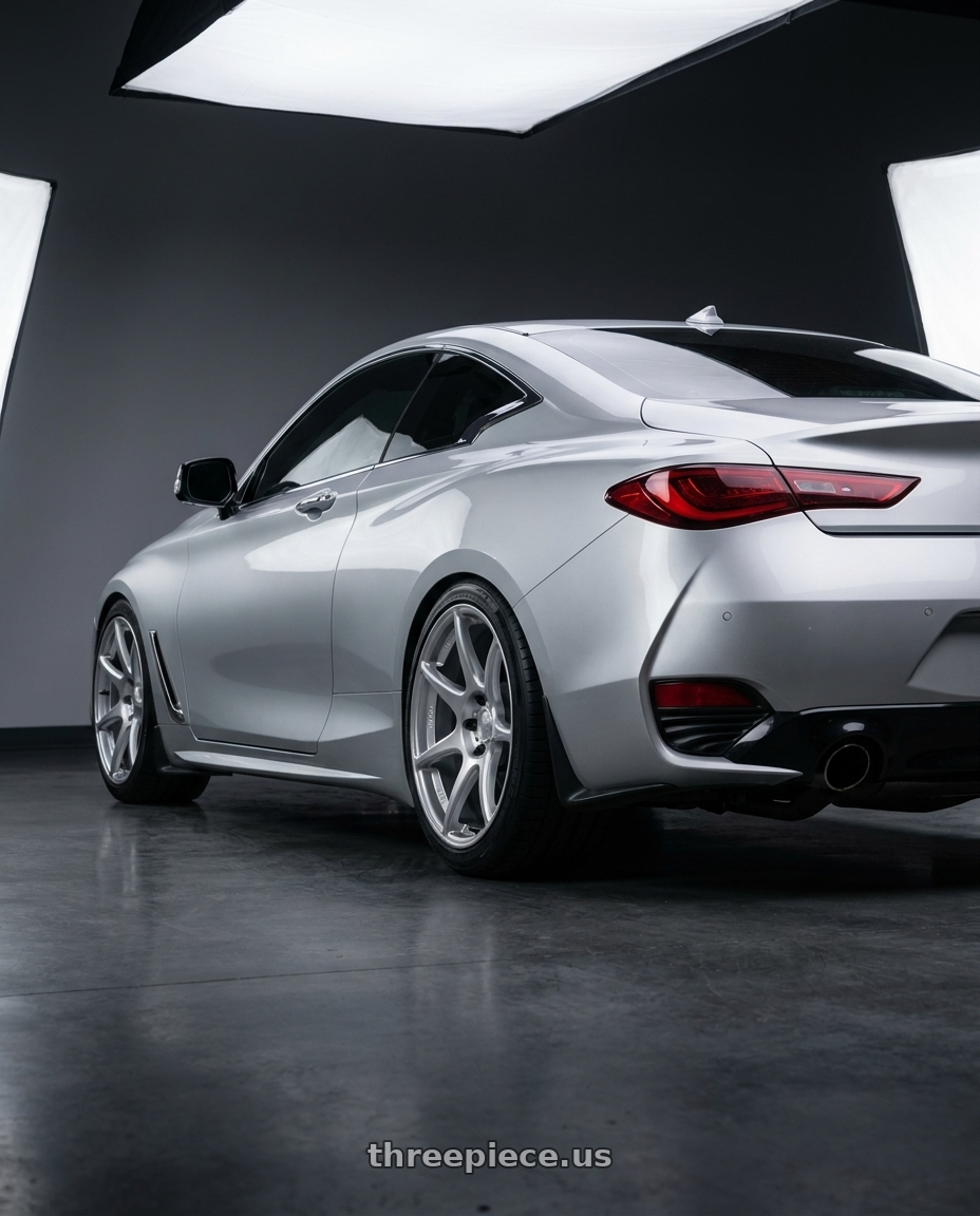 2020 Infiniti Q60 with Kansei K11S Tandem 5x114.3 19x10.5 12 Hyper Silver wheels rear three quarter view square tires