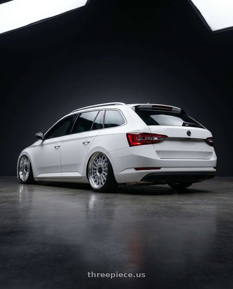 2018 superb combi with Rotiform 1PC R143 LAS-R BLANK 17X8 +30 GLOSS SILVER wheels rear three quarter view slight stretch tires