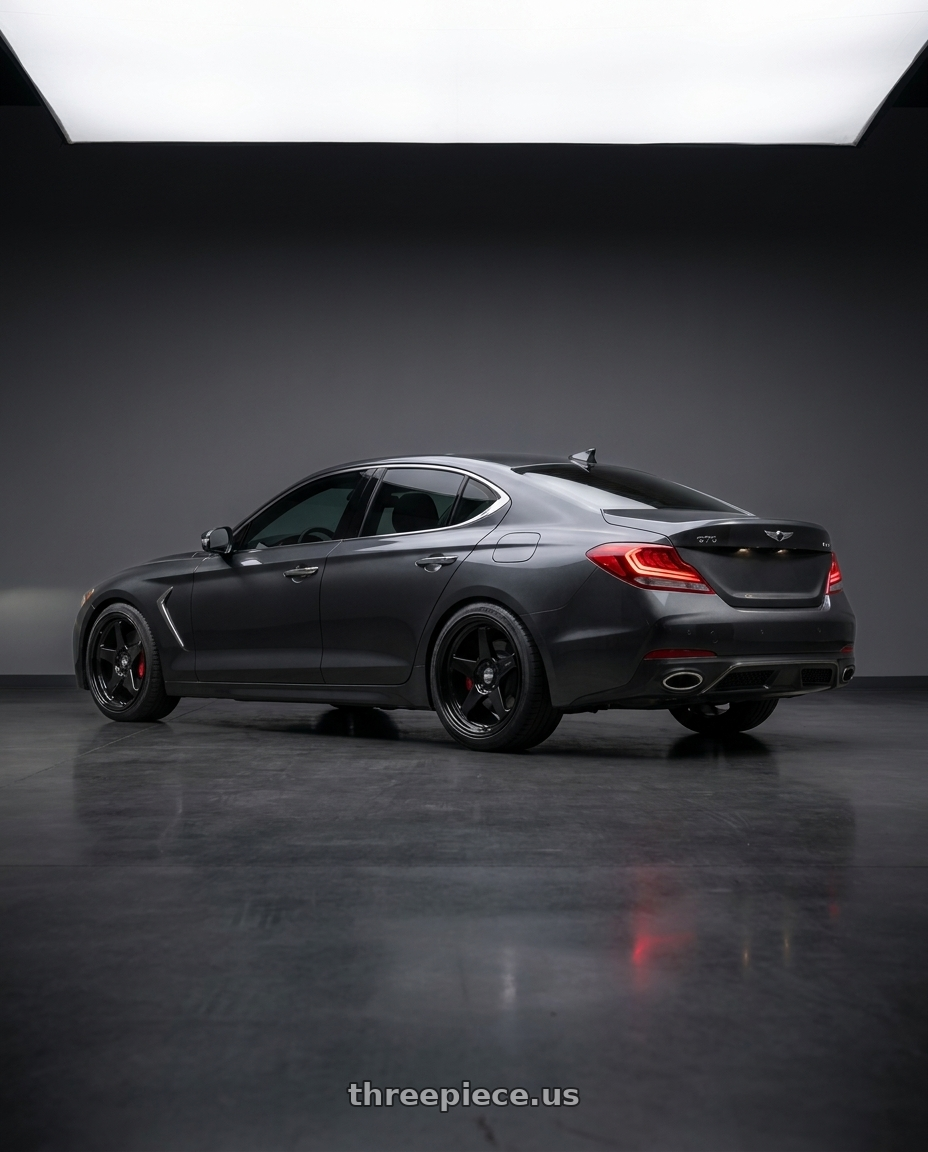 2019 Genesis G70 with ESR Wheels CR SERIES CR5 5x100 18x8.5 +30 Gloss Black wheels rear three quarter view slight stretch tires