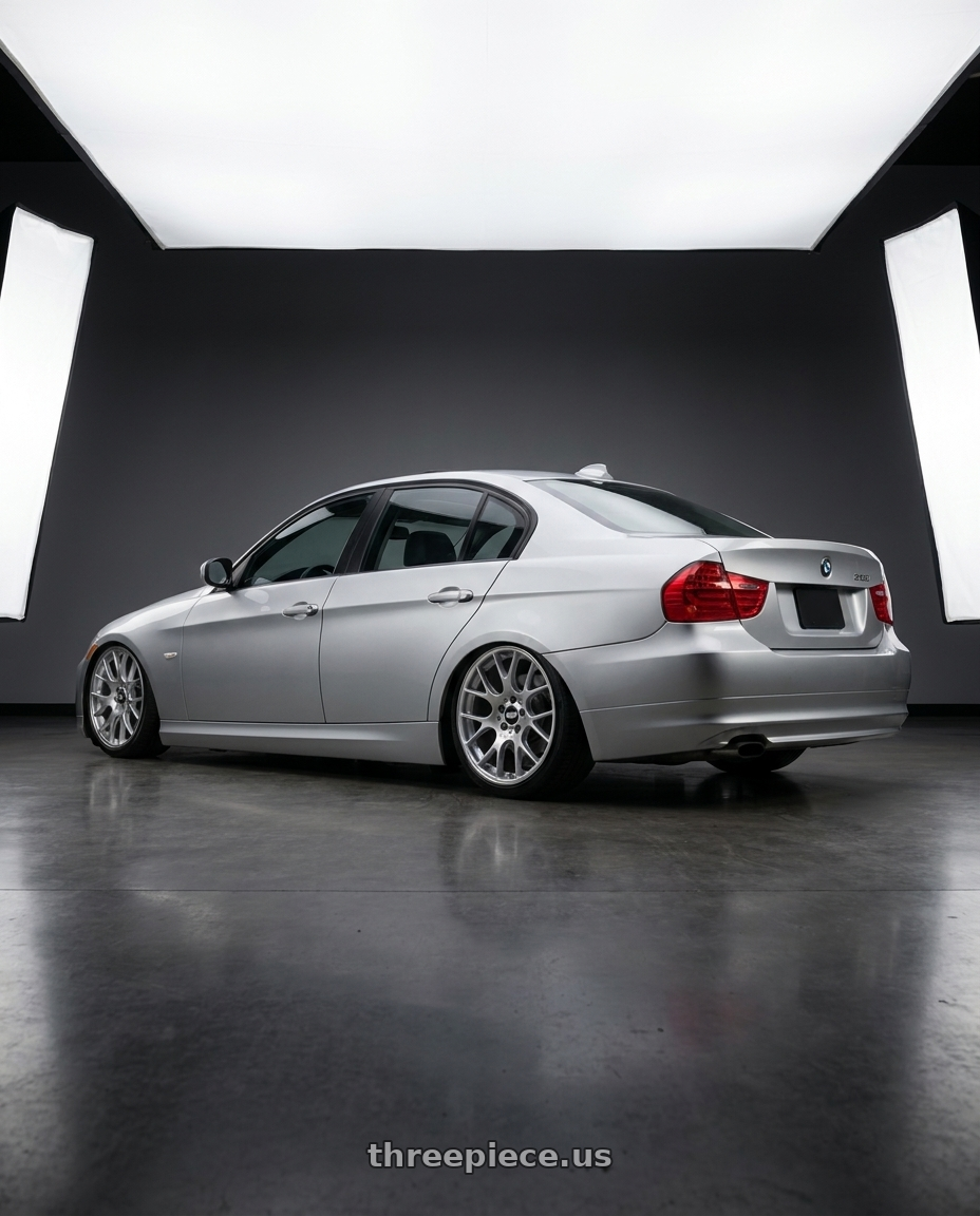 2011 Bmw e90 335i with BBS CH-R 5x120 19x8.5 +32 Brilliant Silver Polished Rim Protector wheels rear three quarter view slight stretch tires