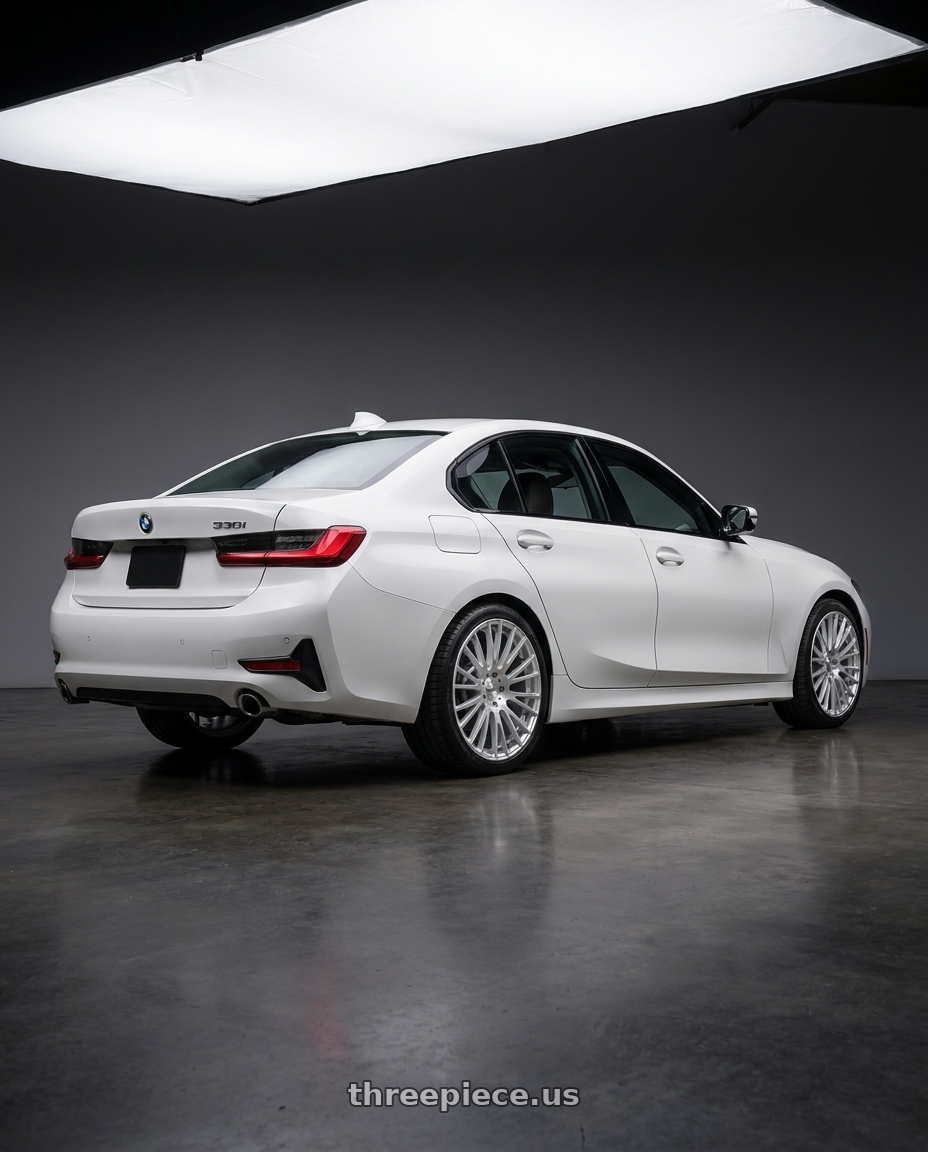 2021 bmw 330i with KMC KM706 IMPACT 5X112 20X8.5 +25 BRUSHED SILVER wheels rear three quarter view square tires