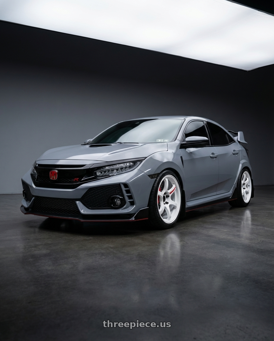 2019 civic type r  with Work Zr10 2P 5x120 18x10.0 +12 Azure White wheels front three quarter view lowered stance