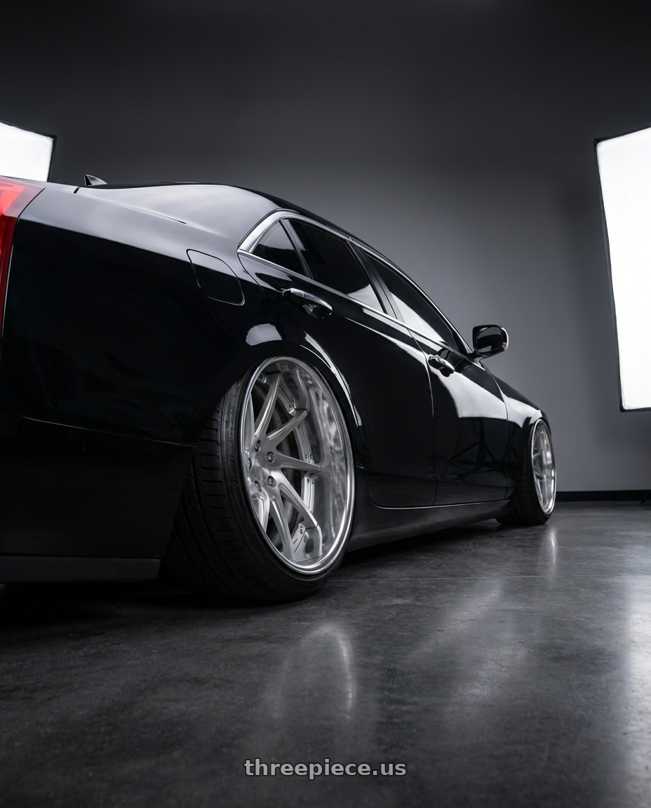 2015 Cadillac ats with Work Gnosis Cvs 5x115 19x9.5+45 A Disk Brush Silver Clear wheels rear three quarter view extreme stretch tires