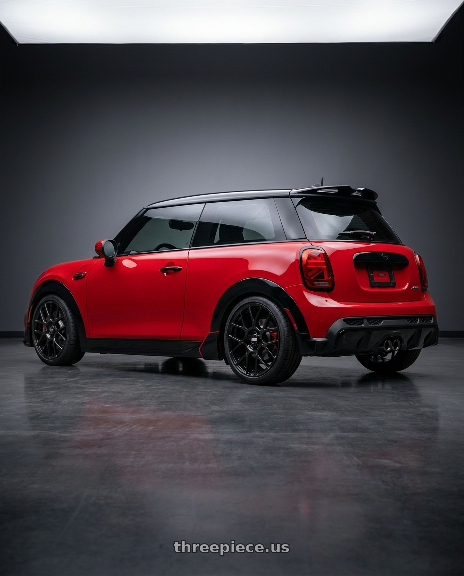 2025 mini jcw red with BBS XR 5x112 18x8.0+44 Gloss Black wheels rear three quarter view slight stretch tires