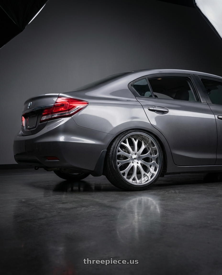 2013 Honda Civic with Amani Tango 5x112/5x114.3 22x9 +32 Brush Center Chrome Lip wheels rear three quarter view slight stretch tires