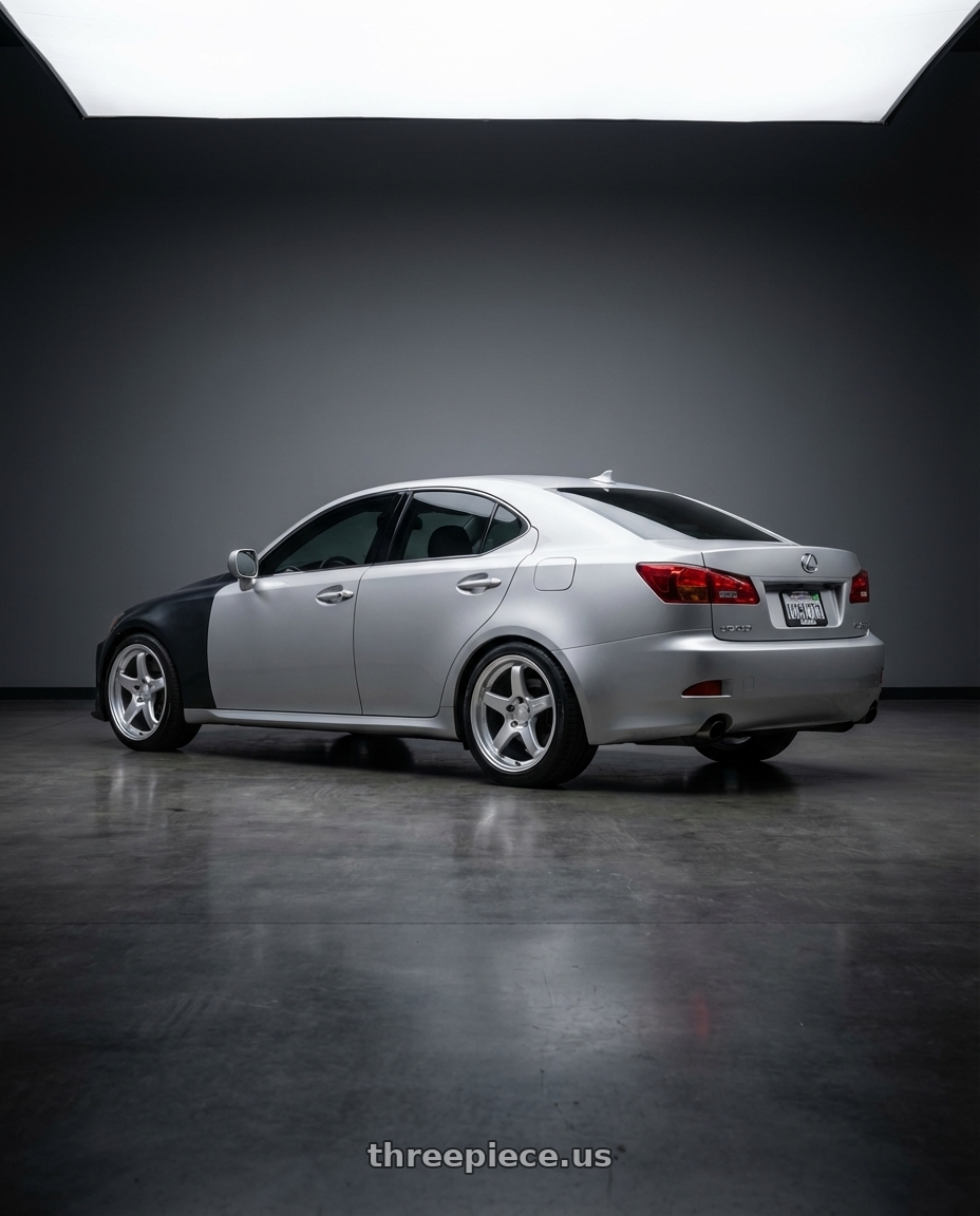2008 Lexus IS 350 with Kansei K15H Astro 5x114.3 18x9 22 Hyper Silver wheels rear three quarter view square tires