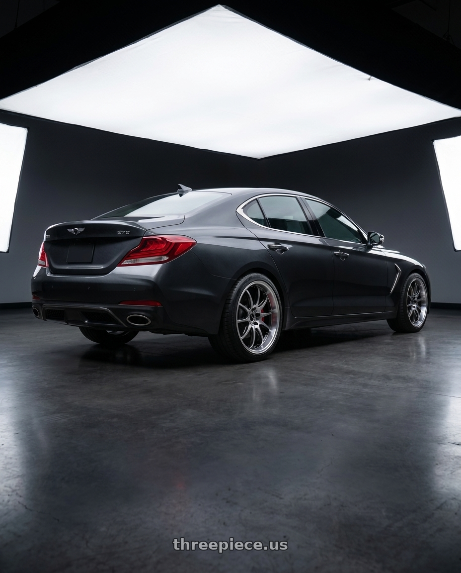 2019 Genesis G70 with Work Emotion D9r 5x100 18x10.5 +15 Gt Silver Rim Cut wheels rear three quarter view square tires