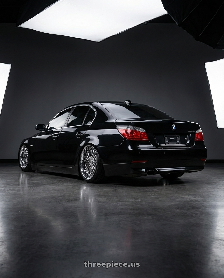 2009 528i bmw with Strada Spina 5x108/5x114.3 20x8 +40 Chrome wheels rear three quarter view slight stretch tires