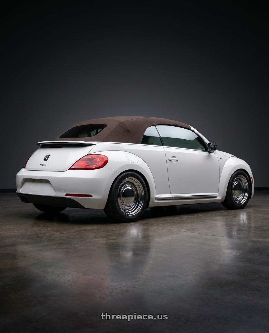 2015 Volkswagen Beetle r line with American Racing Vintage VN31 SMOOTHIE 5X127/5X139.7 15X10 -31 CHROME STEEL wheels rear three quarter view square tires