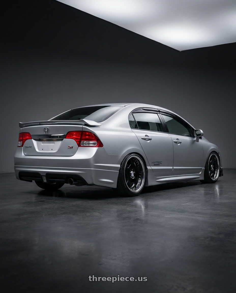 2009 Honda civic si with Work Lanvec Ld1 5x114.3 18x7.5+38 O Disk Black wheels rear three quarter view slight stretch tires