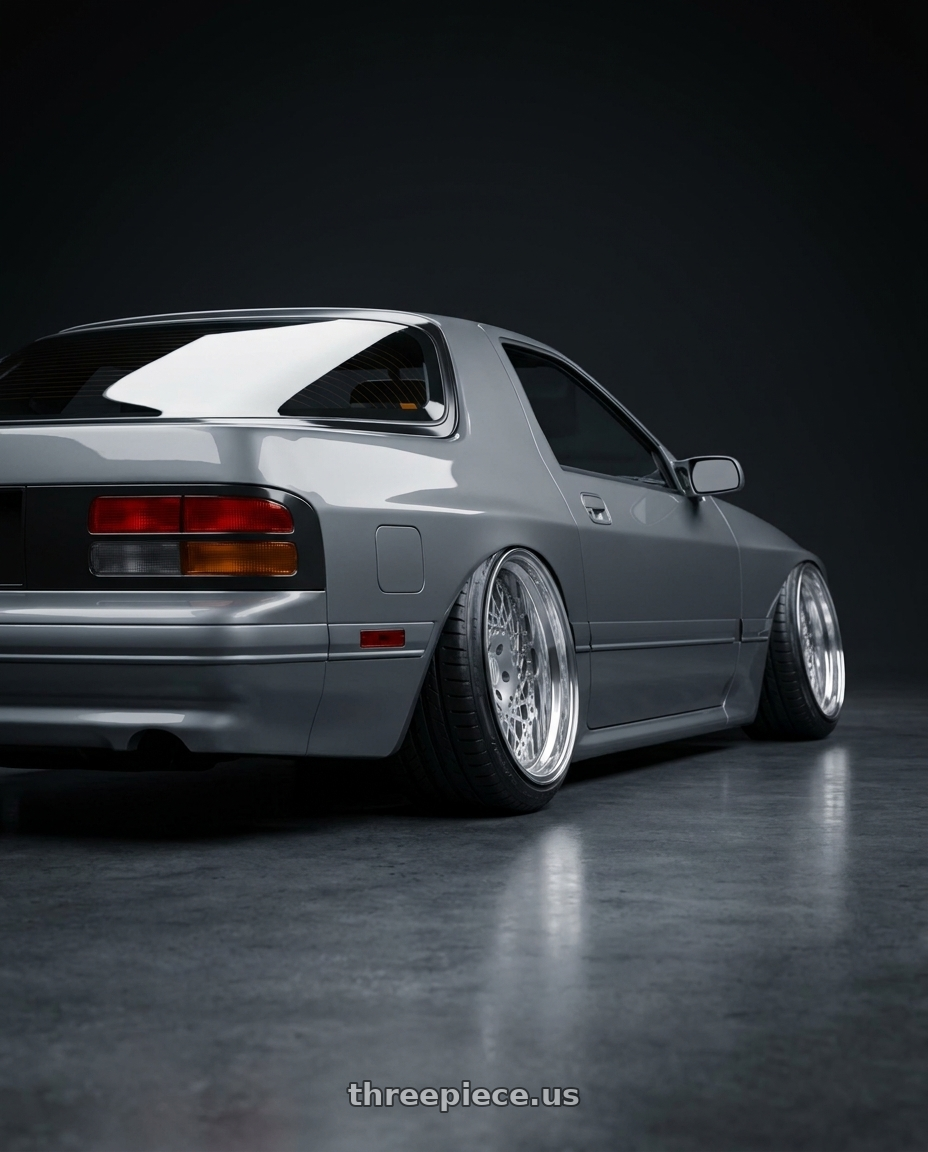 1987 Mazda RX7 FC Turbo with Heritage Wheel FUJI-DIR wheels rear three quarter view slight stretch tires