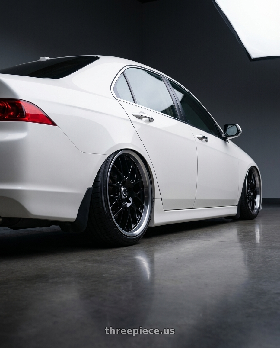 2006 Acura tsx with Enkei Lusso 5x114.3 18x8+40 Black w/ Machined Lip wheels rear three quarter view slight stretch tires