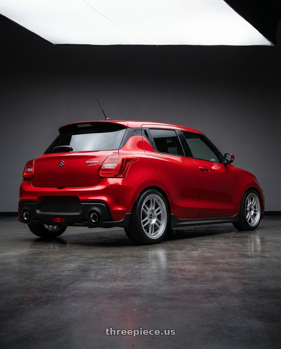 2018 Suzuki Swift Sport with Enkei RPF1 5x114.3 17x7+45 Silver wheels rear three quarter view square tires